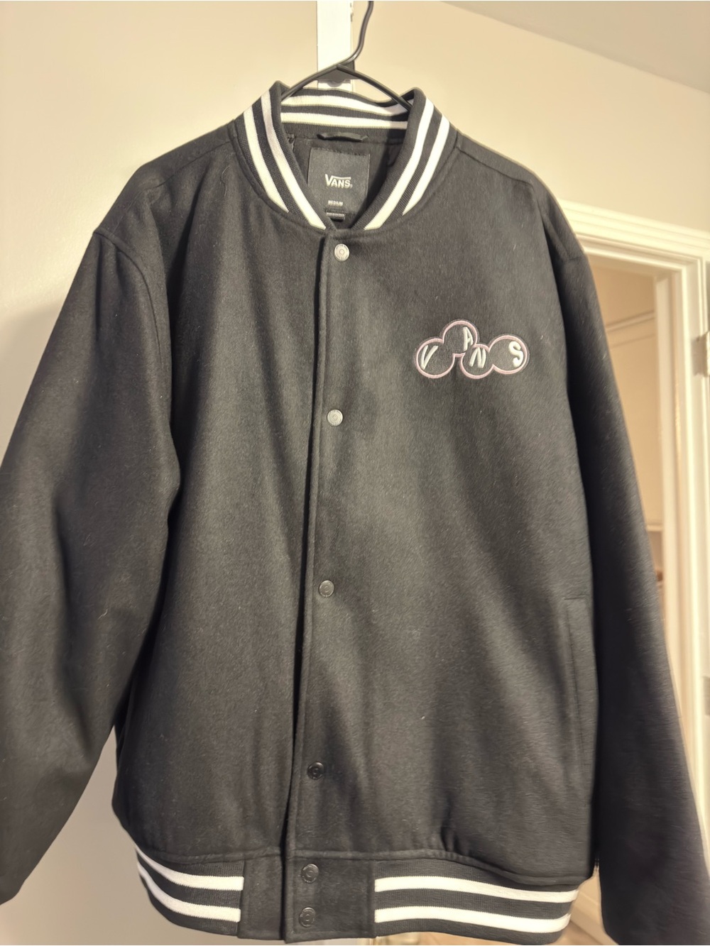 NWT Vans Black Varsity Jacket with White Stripe Trim and Logo